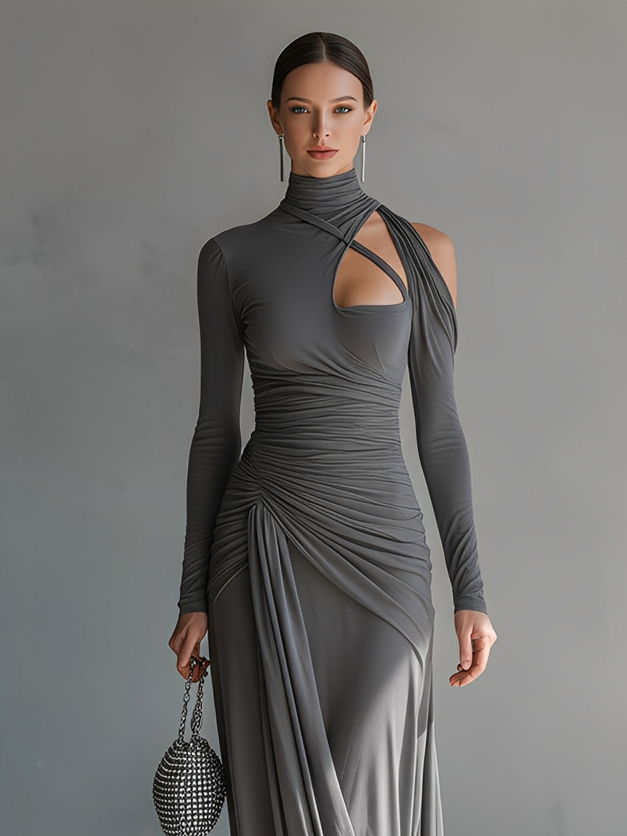 Women’s Gray Maxi Dress in Stretch Silk with Wrinkled Details and Cut MDA0546K6I