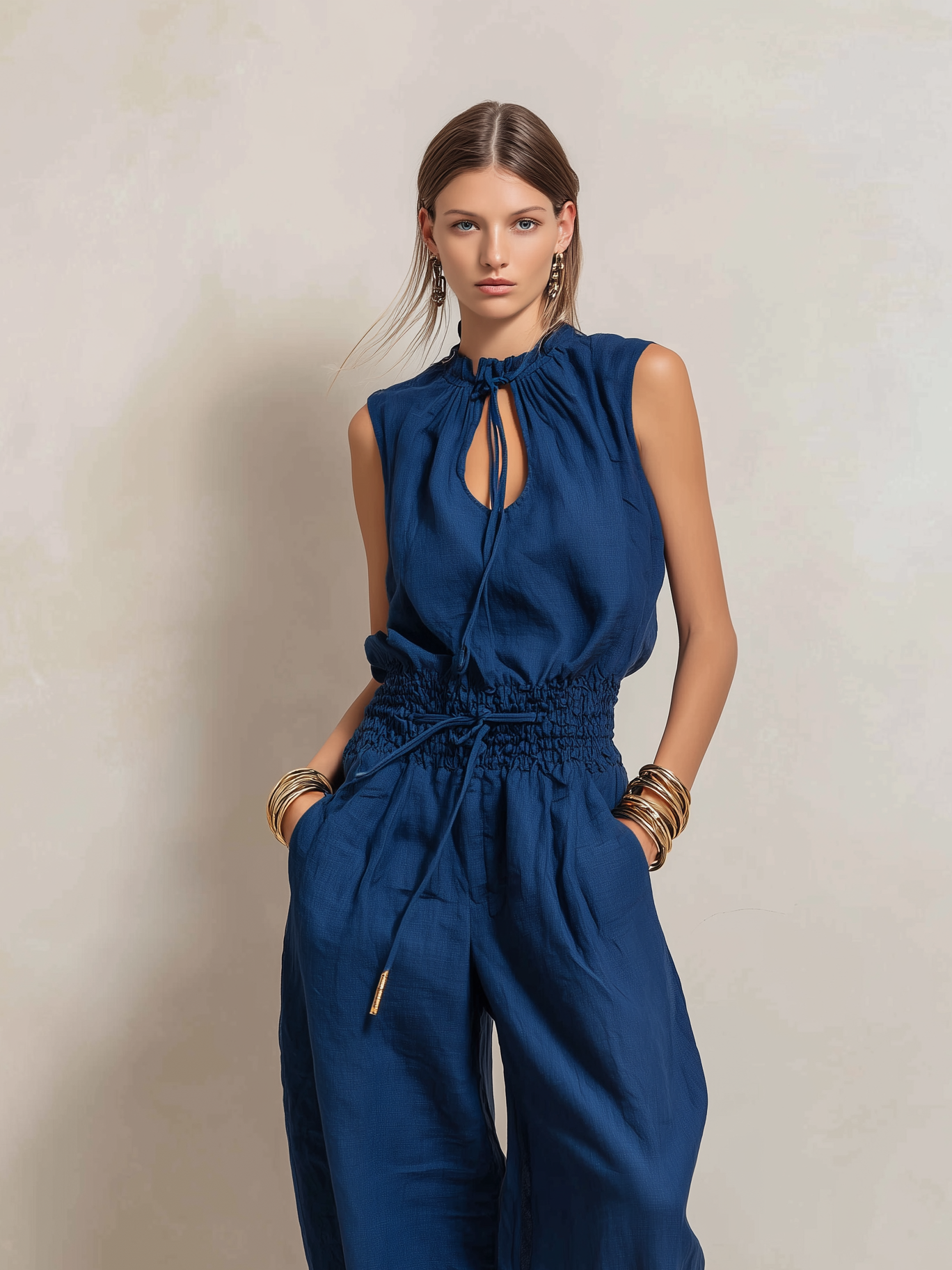 Elegant Women's Bodysuit in Dark Blue Made of Cotton-Linen Blend, Sleeveless with Round Collar MDZ2068C2AN