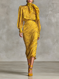 Vintage Silk Top and Skirt Set with Polka Dot Print for Women (Scarf Not Included) MDA3073G0Y