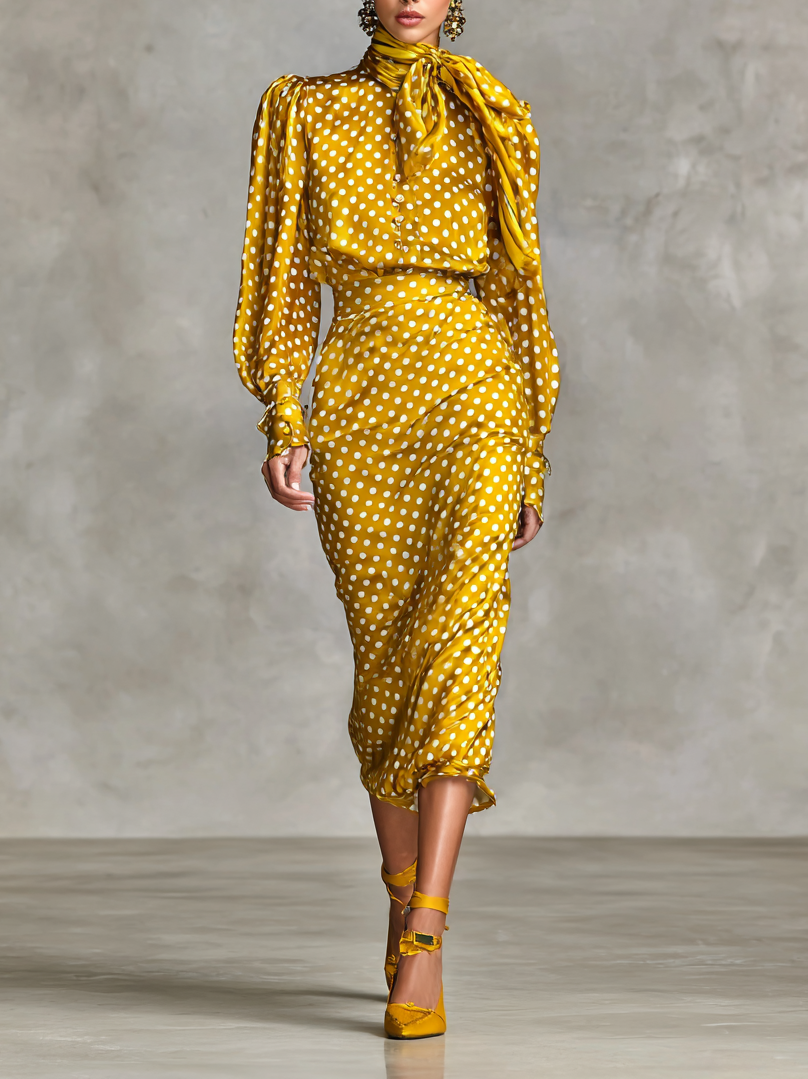 Vintage Silk Top and Skirt Set with Polka Dot Print for Women (Scarf Not Included) MDA3073G0Y
