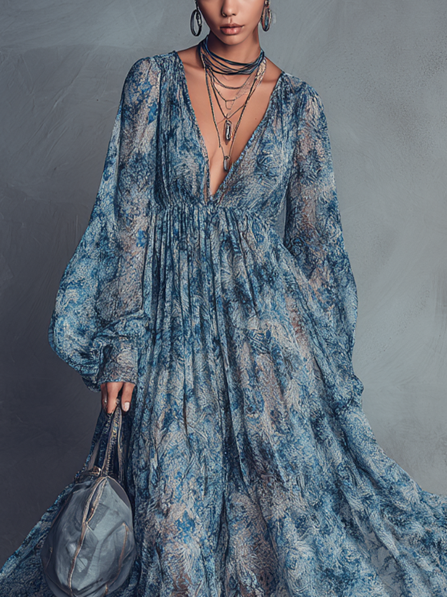 Blue Floral Print Bohemian Style Chiffon Maxi Dresses for Women with Lantern Sleeves MDZ1067B8BA