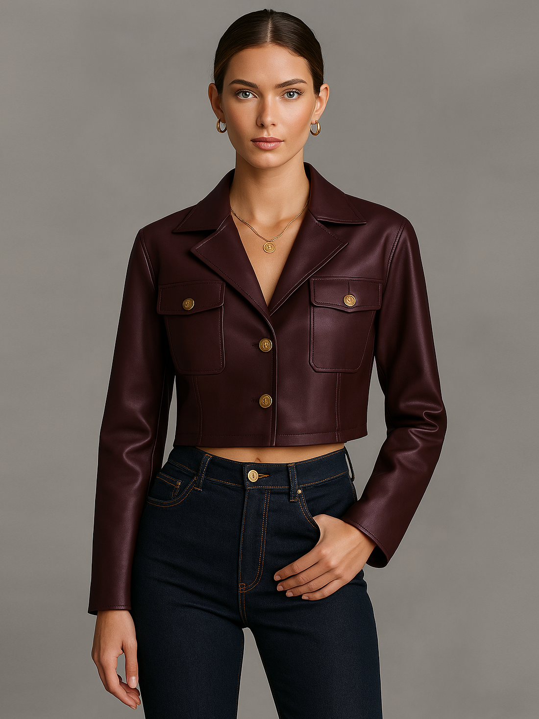 Short Women's Jacket in Minimalist Synthetic Leather MDA1579L7Y