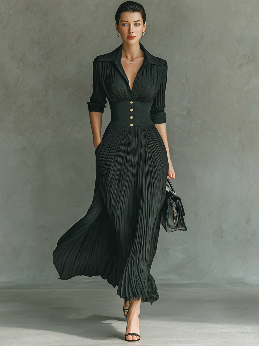 Long Maxi Dresses with Long Sleeves, Ruffled Collar, and Pleats