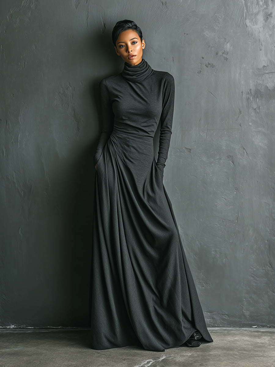 Women's Anthracite Maxi Dress with High Collar Made of Elegant Poly-Cotton Fabric MDA1727J1I