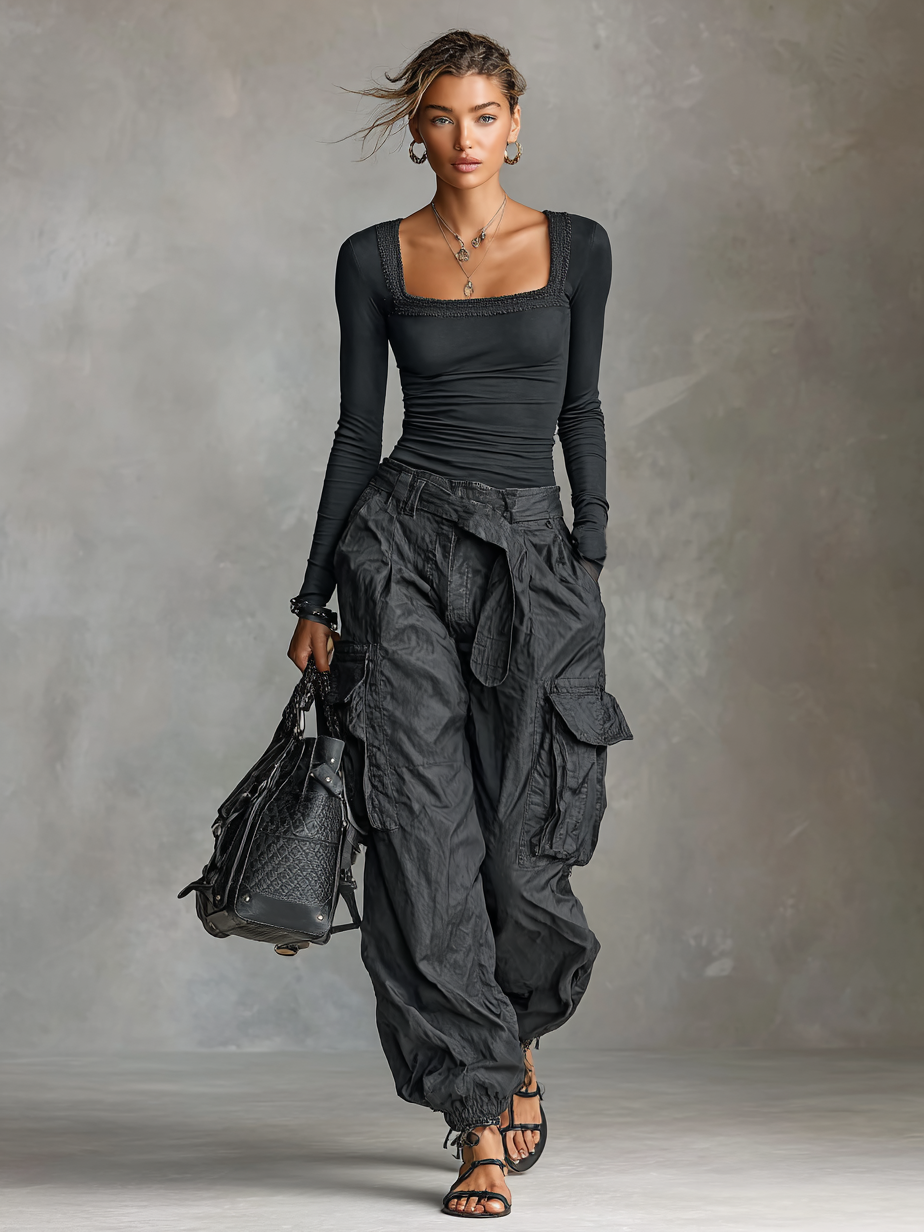 Two-Piece Set: Long Sleeve Square Neck T-Shirt with Cargo Pants with Many Pockets