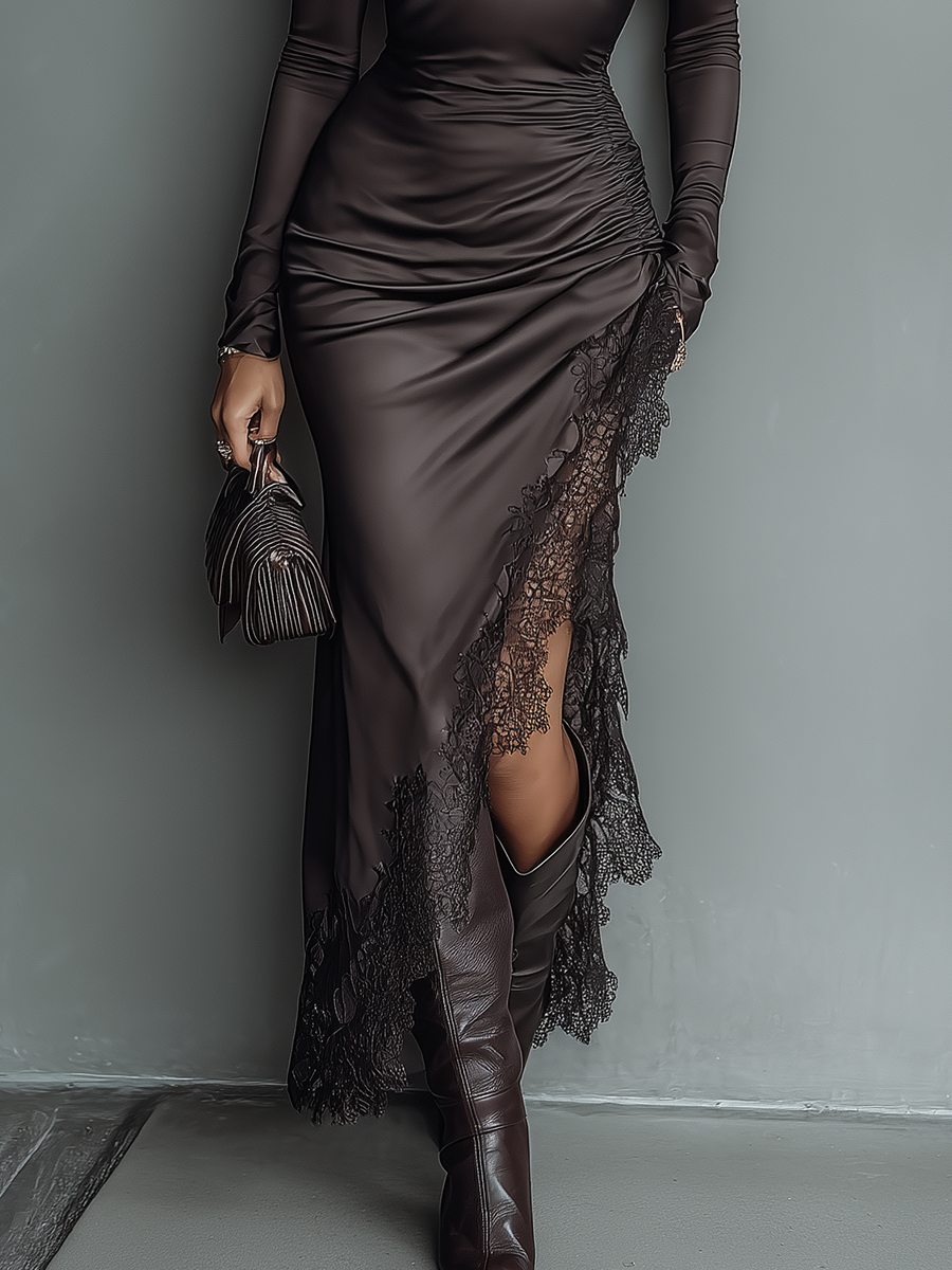 Maxi Dresses with Asymmetrical Skirt, Shiny Model, Dark Brown for Women MDA0501H1T