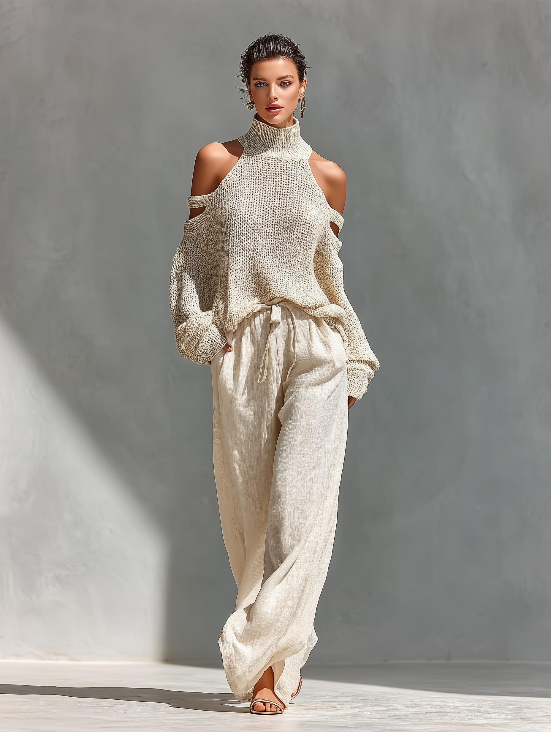 Beige Knit High Neck Top with Off-Shoulder Design and Wide Pants MDZ0984A5T