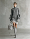 Comfortable Mini Dresses with Turtleneck and White Lace Straps for Women in Gray MDA1157J5T