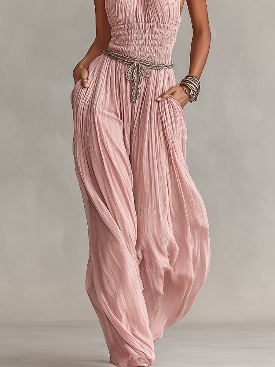 Women's bodysuit in blush color with a choker collar and wrinkled waist, timeless romantic-elegant style (without belt) MDZ1133B7I
