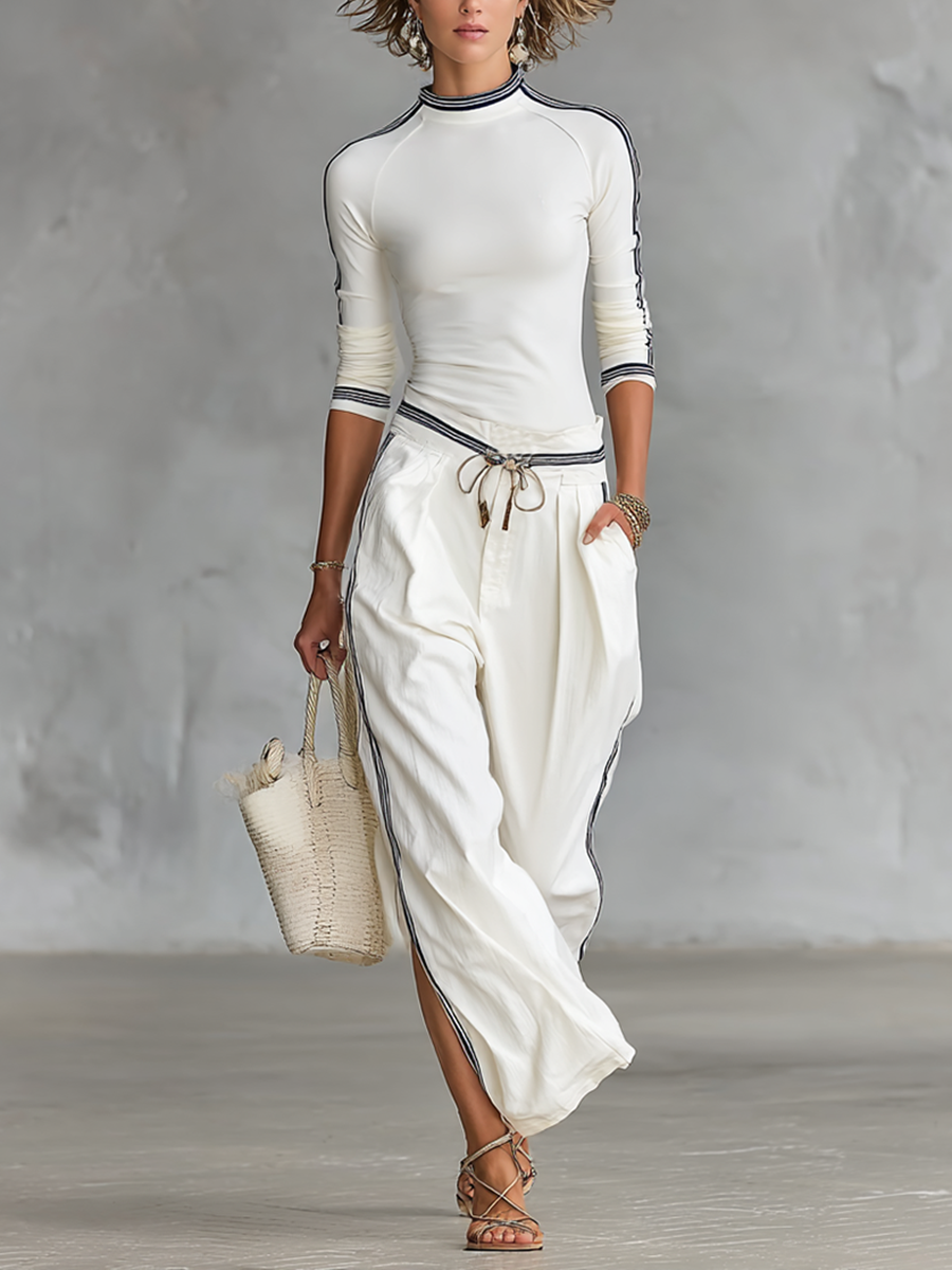 Long Sleeve High Neck T-Shirt for Women and Wide Pants with Drawstring - Two-Piece Set