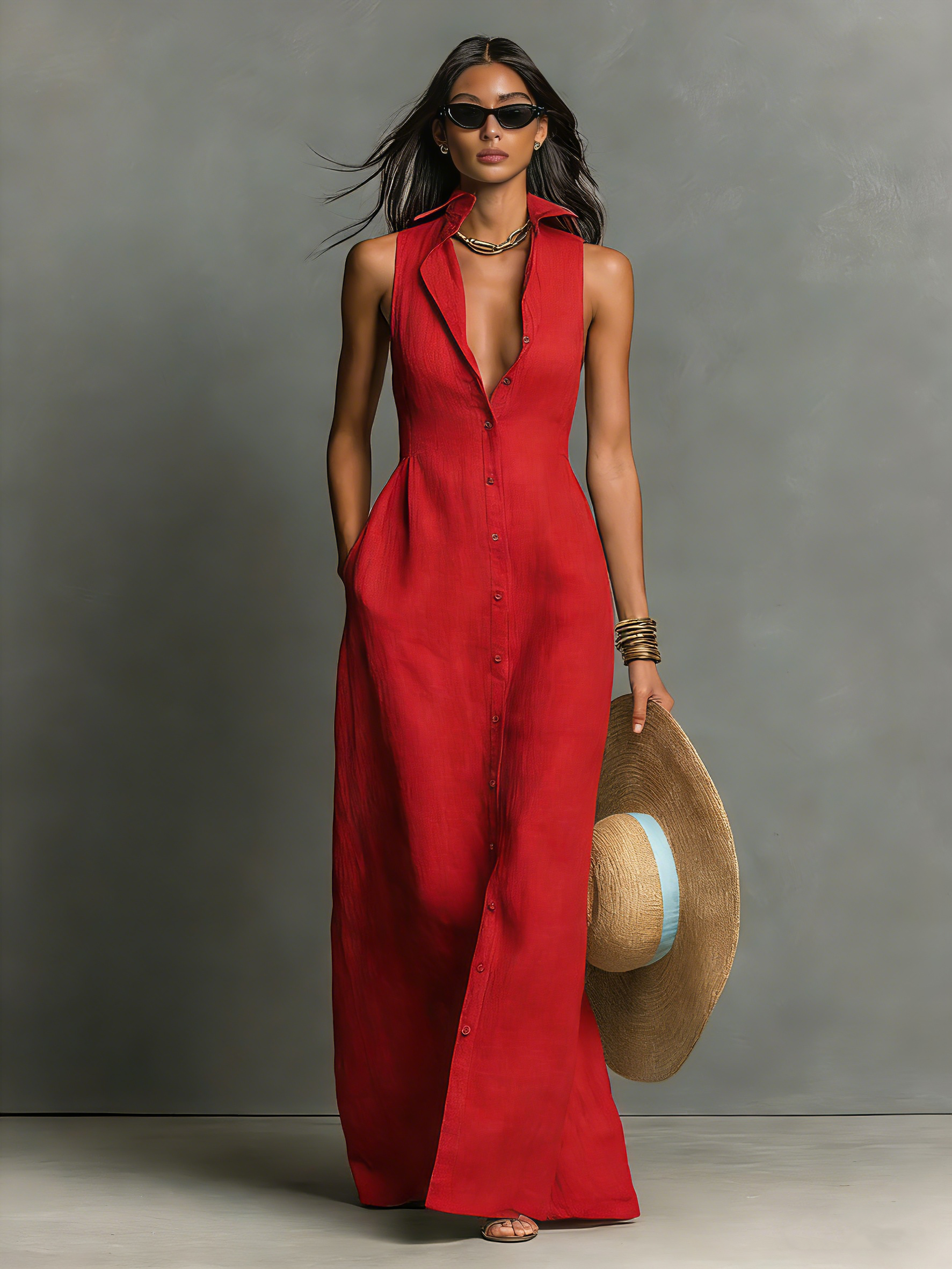 Sleeveless Maxi Dresses with Minimalist Collar for Women MDZ1011C0Y