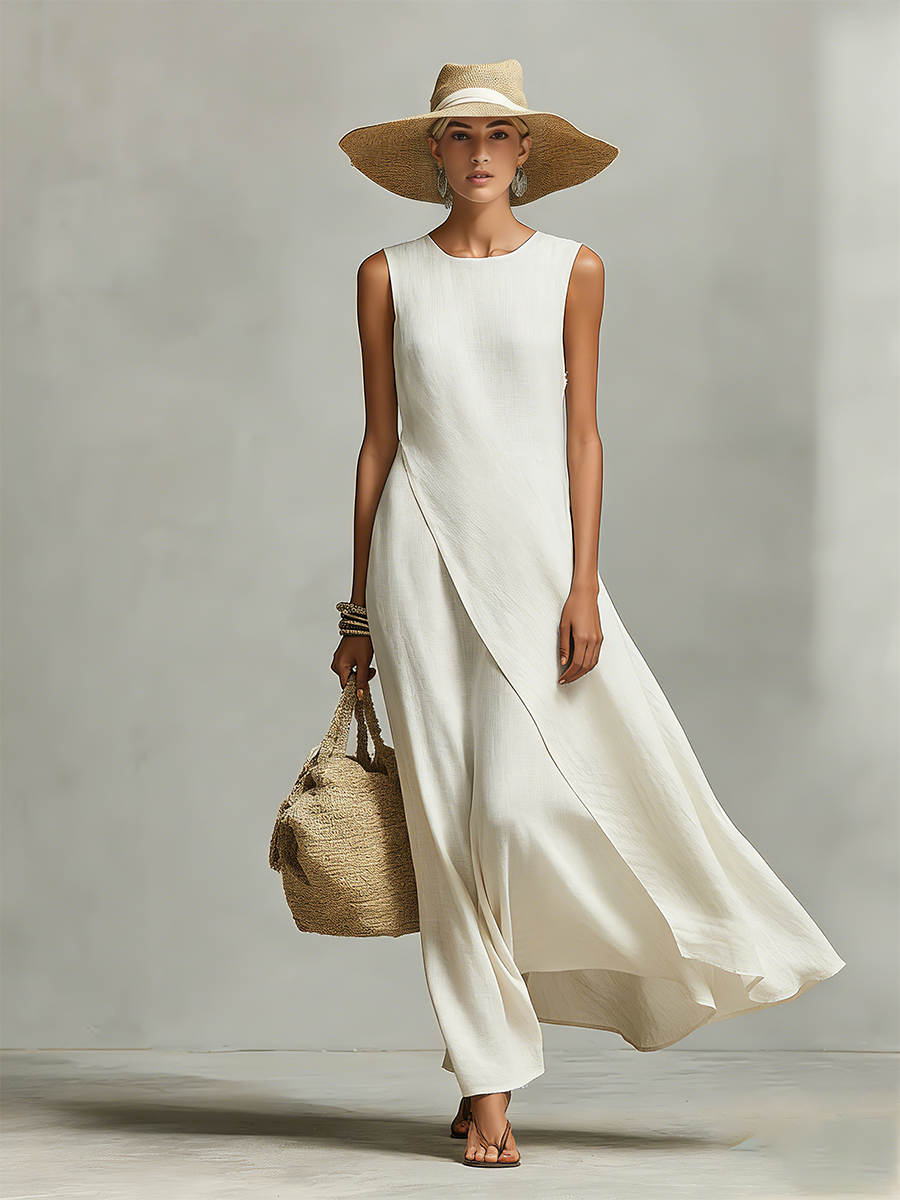 Women's Breathable Linen Dresses in Ivory with Sleeveless Details and Asymmetrical Hem, Modern Casual-Feminine Style Dress MDZ0408C2I