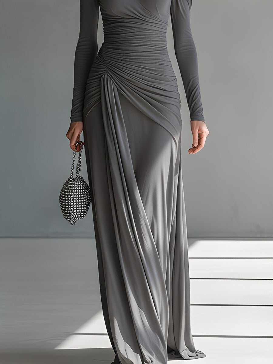 Women’s Gray Maxi Dress in Stretch Silk with Wrinkled Details and Cut MDA0546K6I