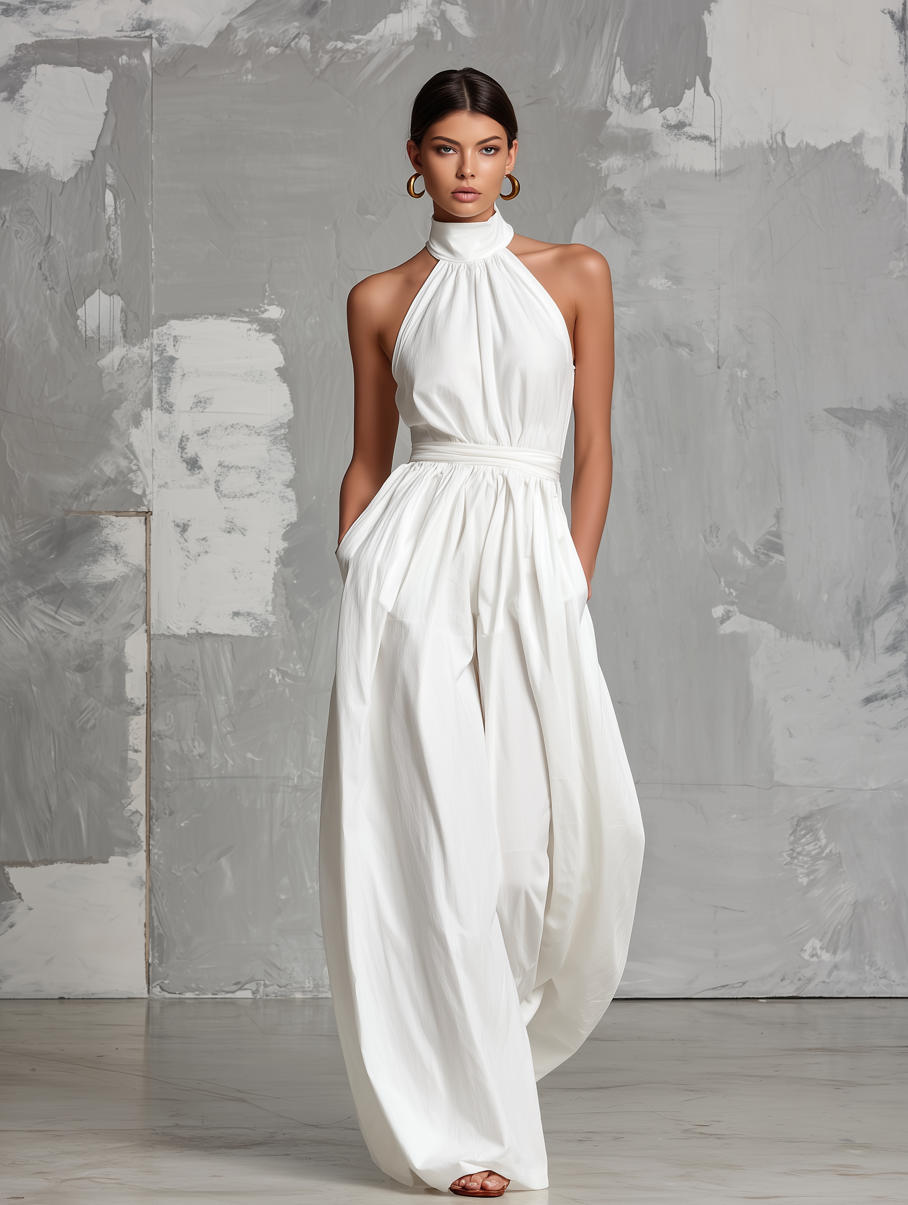 Elegant Summer Dress for Women in White, with Sleeveless Halter Neck MDZ0554A3AN