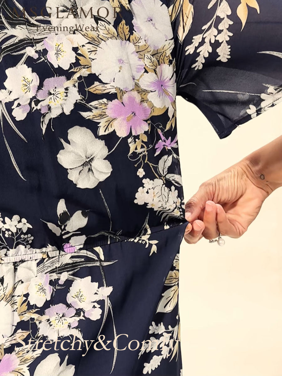 Floral Mid-Length Chiffon Dress with V-Neck and Zippers