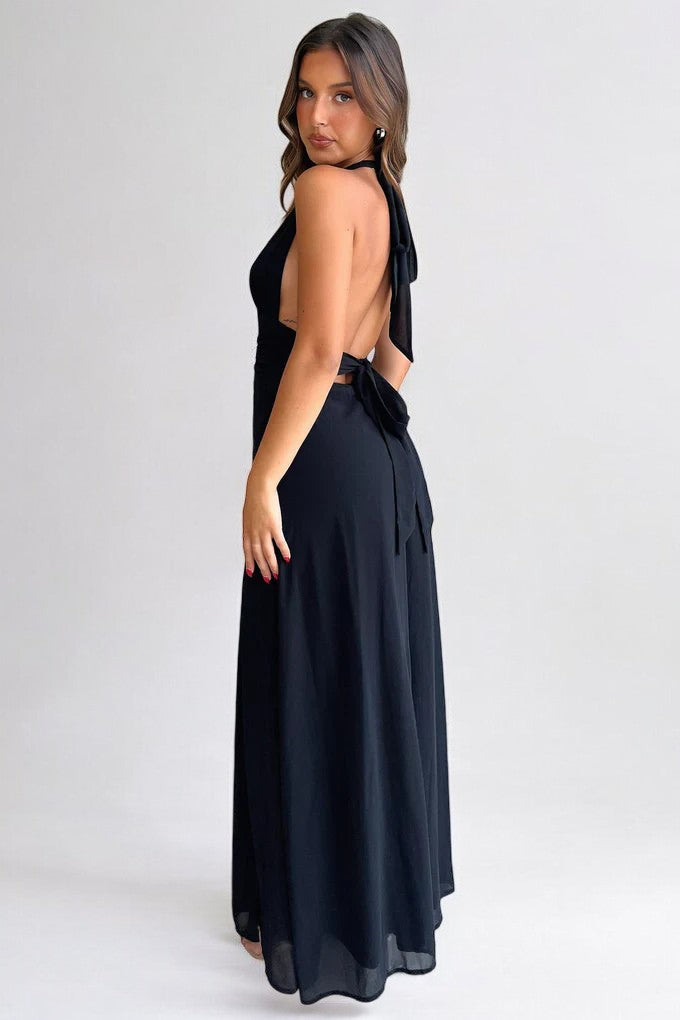 Lily | Maxi Dress with Tie Collar and High Ruffle