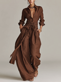 Women's Bodysuit with Collar, Woven from Cotton-Linen Fabric in Brown, with Belt MDA1965L9AN