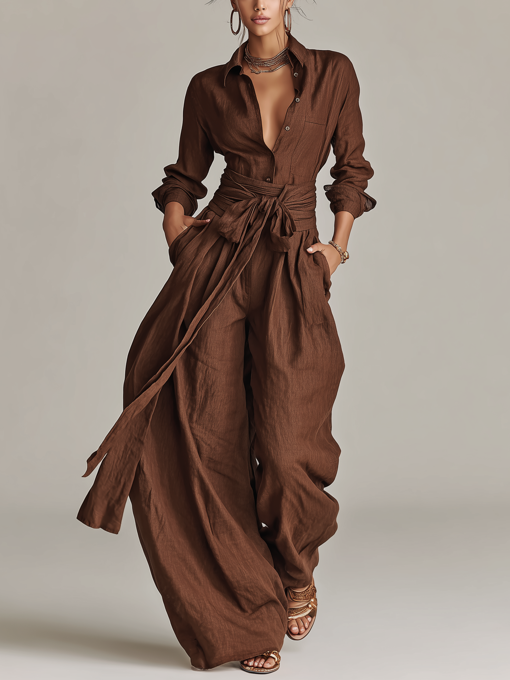 Women's Bodysuit with Collar, Woven from Cotton-Linen Fabric in Brown, with Belt MDA1965L9AN