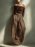 Fashionable and sexy women's shirt in dark brown, with long sleeves, fitted, paired with matching wide pants (belt not included) MDA1455K9AN