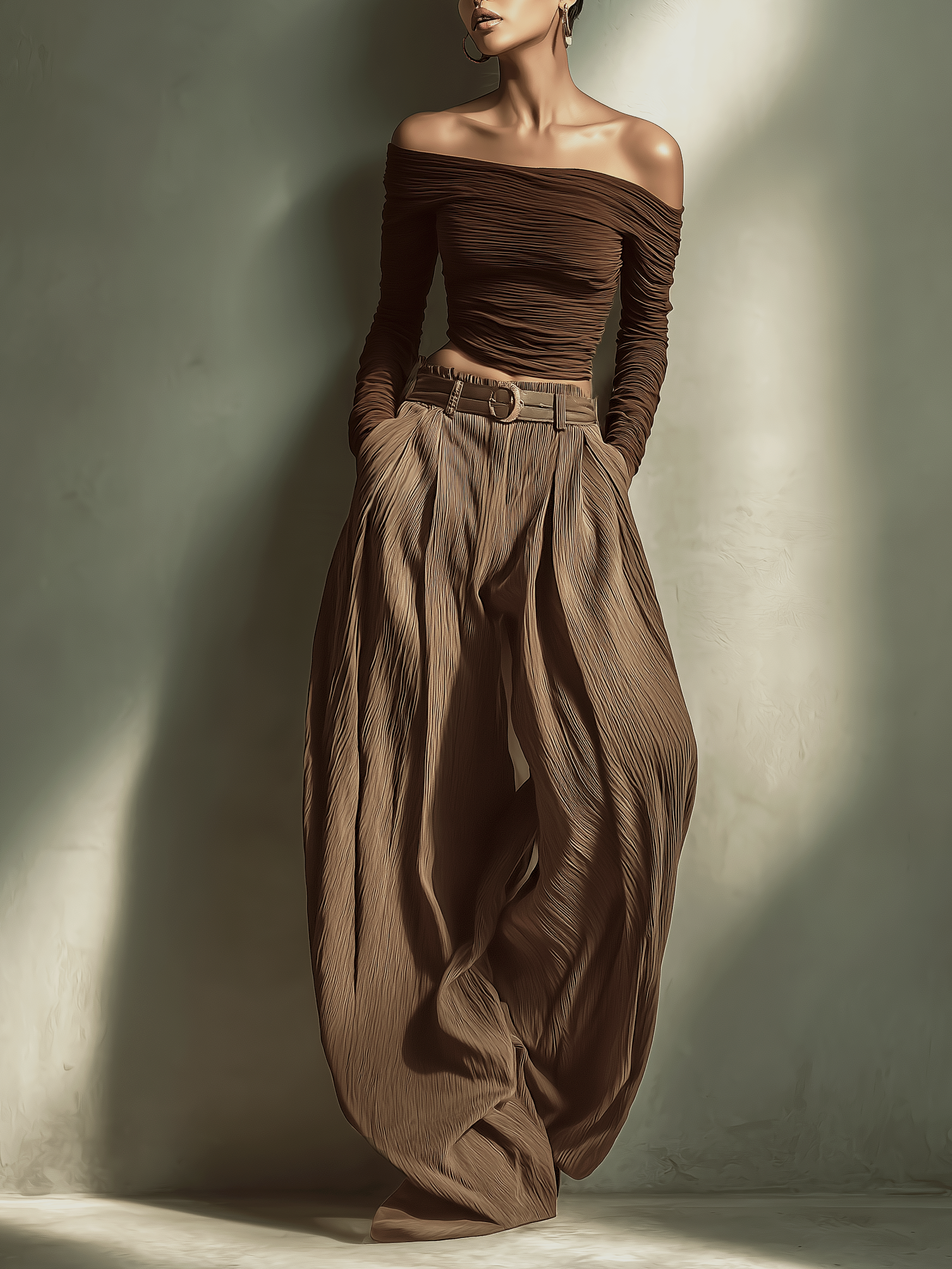 Fashionable and sexy women's shirt in dark brown, with long sleeves, fitted, paired with matching wide pants (belt not included) MDA1455K9AN