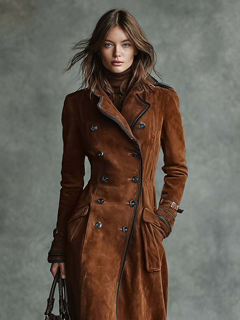 Long Women's Coat with Suede Coating, Double Buttons, and Trousers MDA2580H6Y