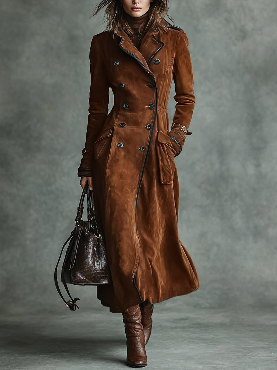 Long Women's Coat with Suede Coating, Double Buttons, and Trousers MDA2580H6Y