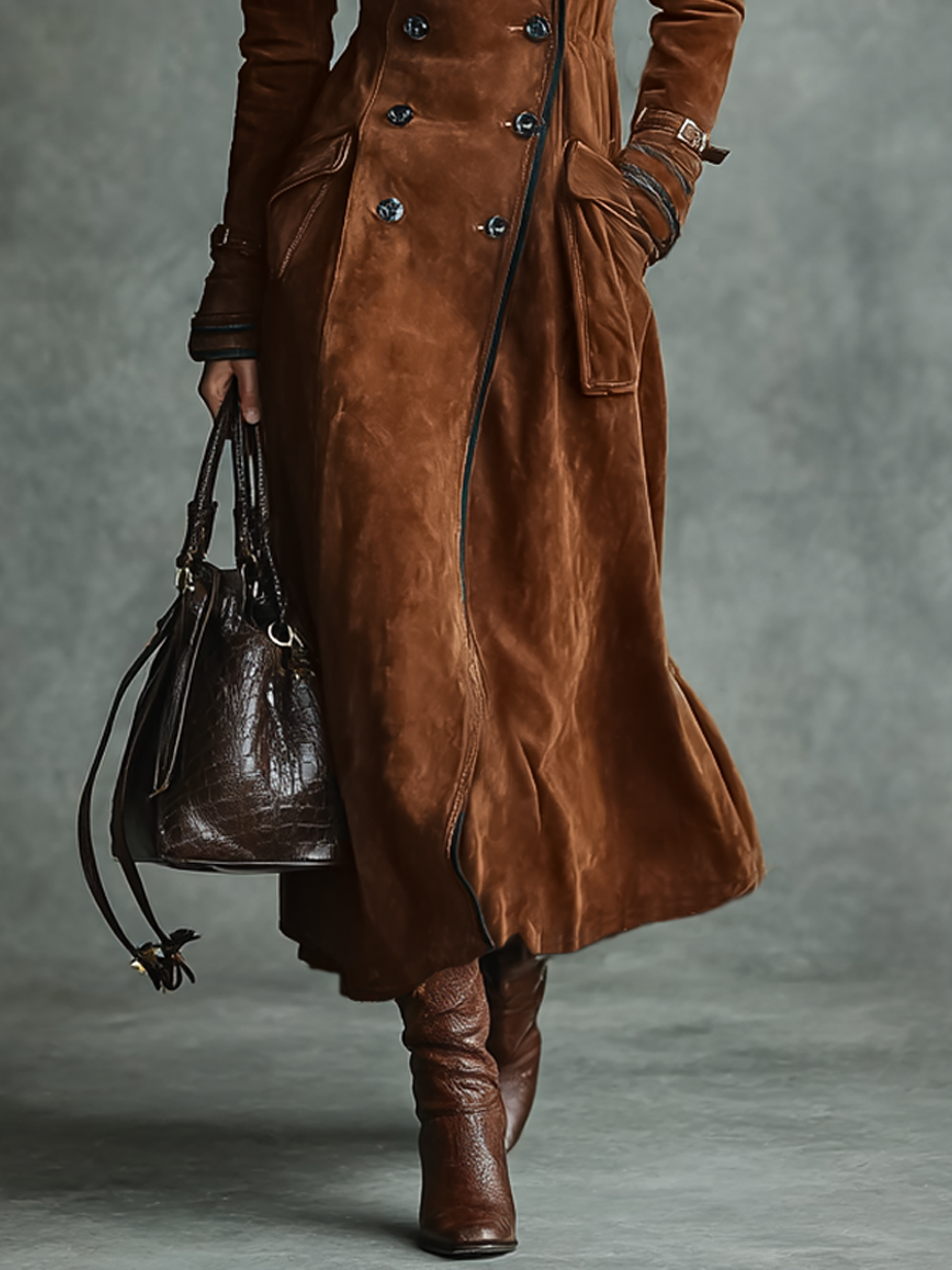 Long Women's Coat with Suede Coating, Double Buttons, and Trousers MDA2580H6Y