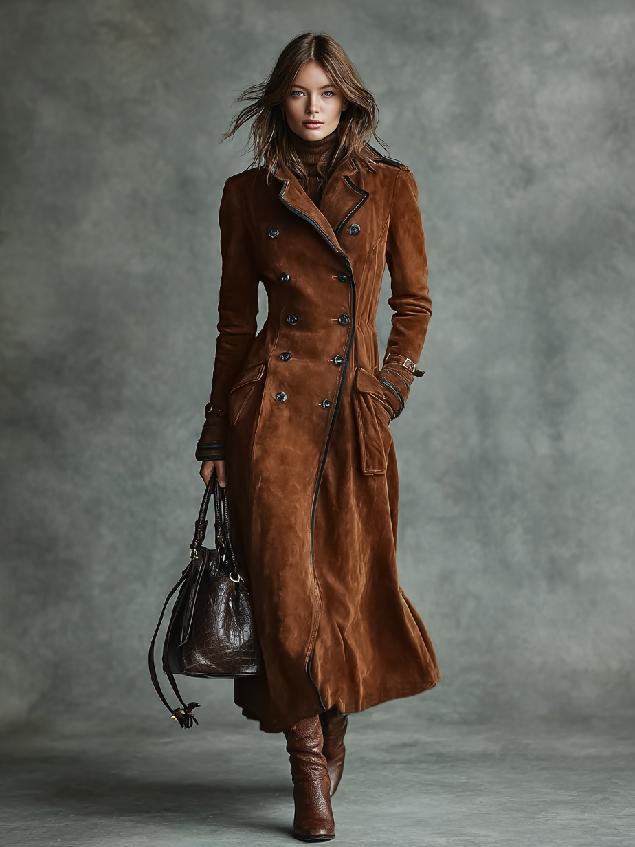 Long Women's Coat with Suede Coating, Double Buttons, and Trousers MDA2580H6Y