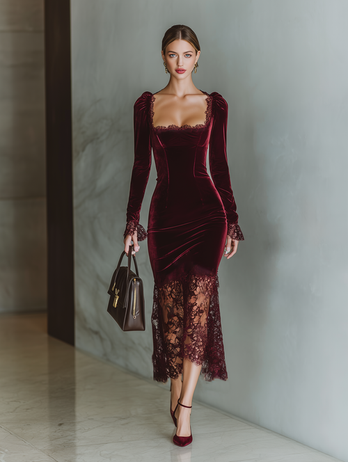 Burgundy Velvet Maxi Dress for Women MDA1190J4T