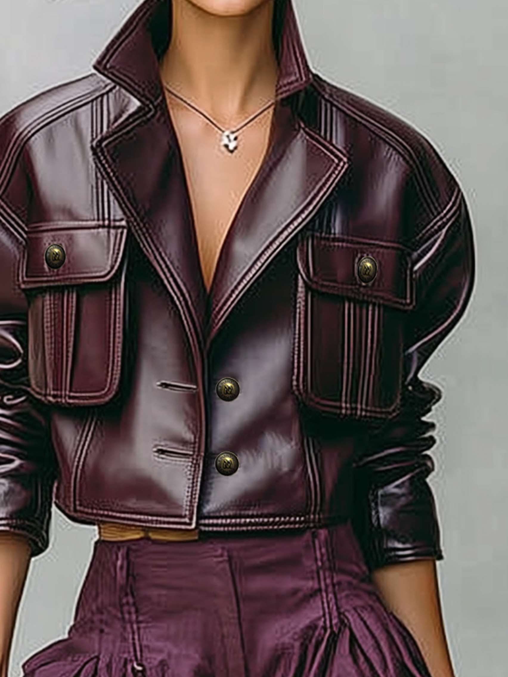 Short Women's Jacket in Loose PU Leather with Double Chest Pockets MDA1666I2Y