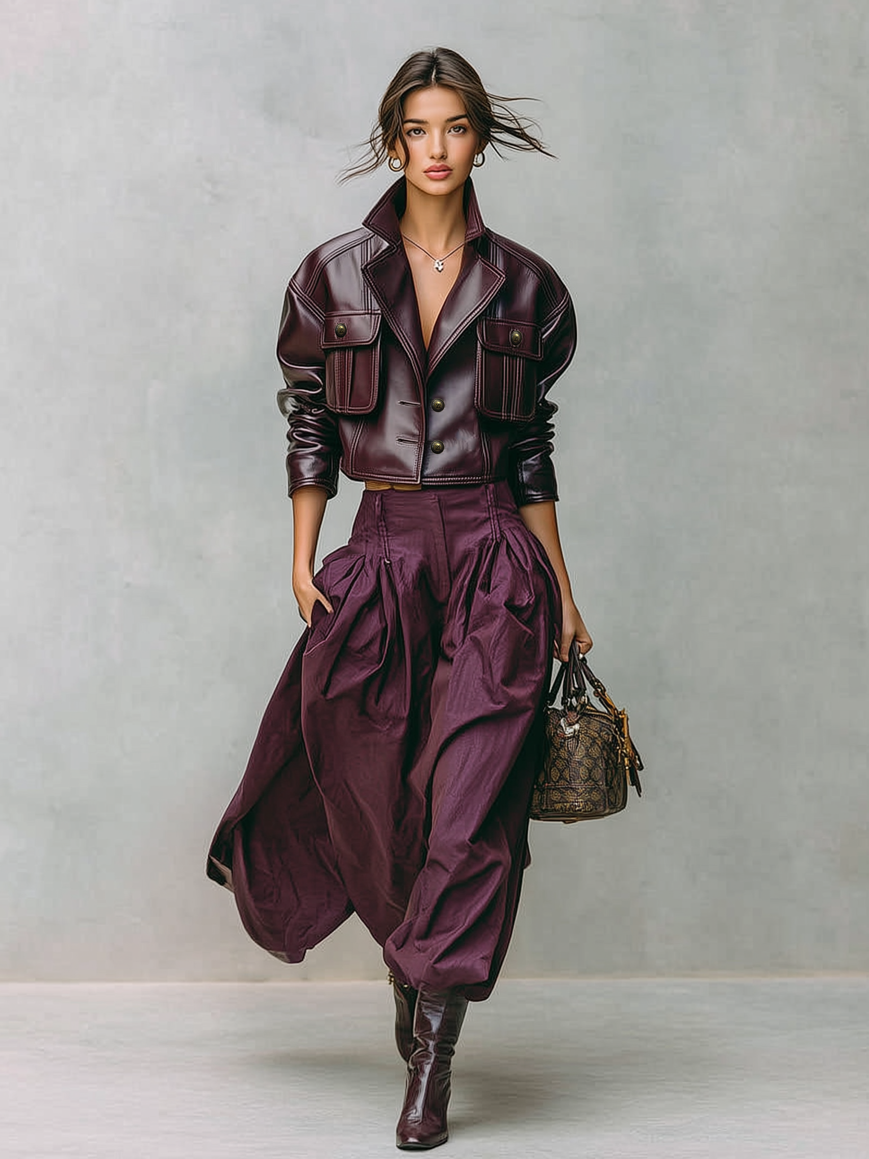 Short Women's Jacket in Loose PU Leather with Double Chest Pockets MDA1666I2Y