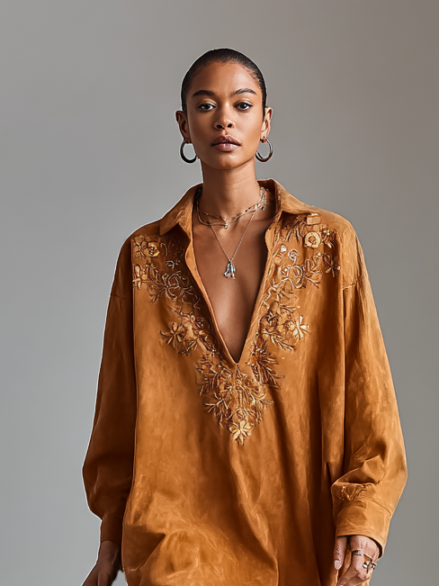 Women's Midi Dress Made of Suede Fabric with Open Collar, Embroidered, with Long Sleeves MDA1489H9Y
