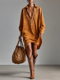 Women's Midi Dress Made of Suede Fabric with Open Collar, Embroidered, with Long Sleeves MDA1489H9Y