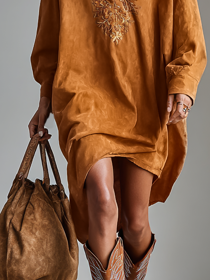 Women's Midi Dress Made of Suede Fabric with Open Collar, Embroidered, with Long Sleeves MDA1489H9Y