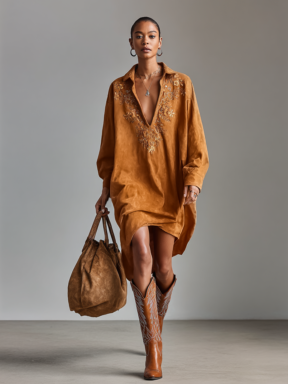 Women's Midi Dress Made of Suede Fabric with Open Collar, Embroidered, with Long Sleeves MDA1489H9Y