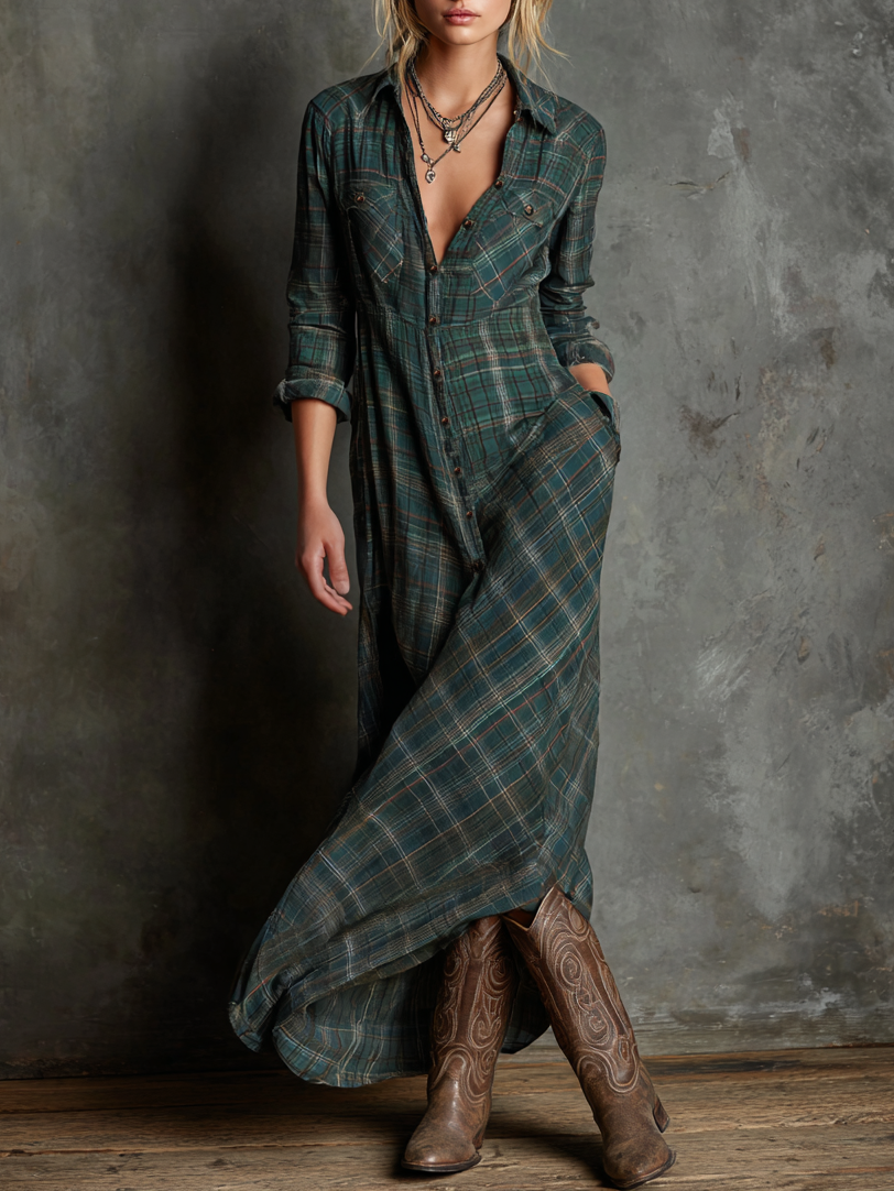 Maxi Dresses with Checkered Collar for Women MDA1249H1Y