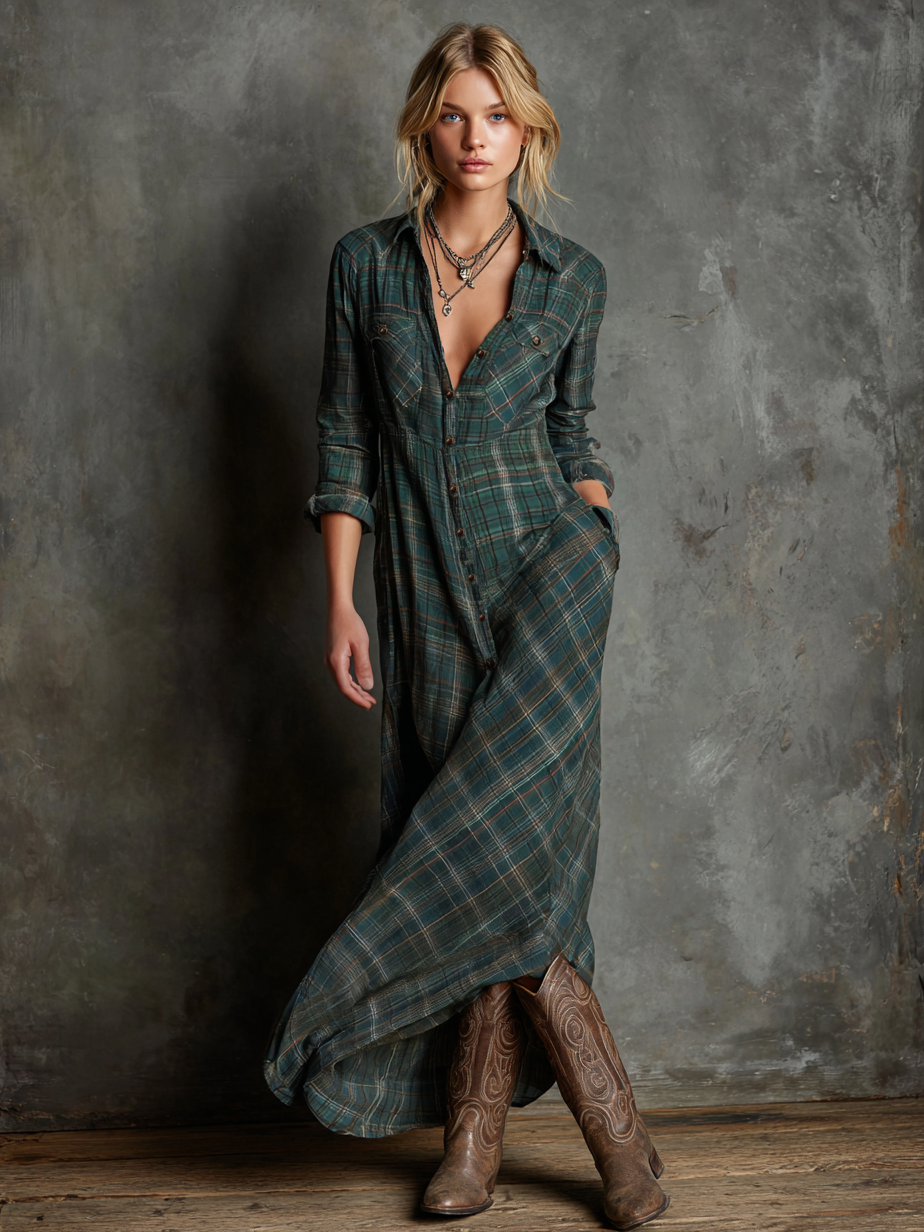 Maxi Dresses with Checkered Collar for Women MDA1249H1Y
