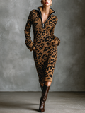 Fashion Dresses for Women with Leopard Print, Jacquard, Knitted, with Zipper at the Neck, Midi Length MDA2579H3Y