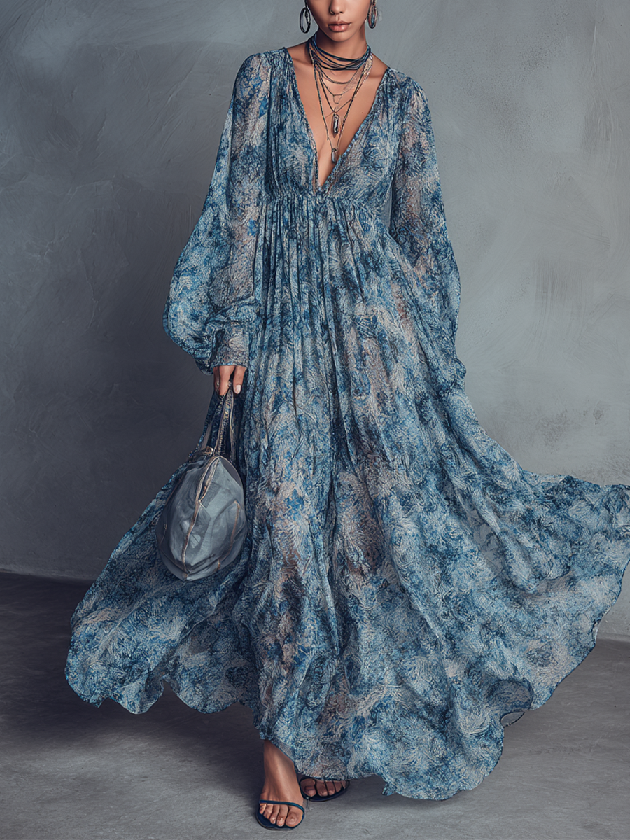 Blue Floral Print Bohemian Style Chiffon Maxi Dresses for Women with Lantern Sleeves MDZ1067B8BA