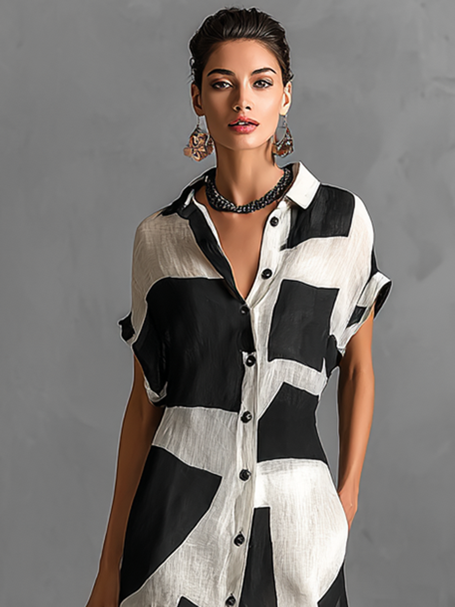 Short maxi dresses with short sleeves and irregular geometric stripes made of mixed cotton and linen MDA1689G1Y