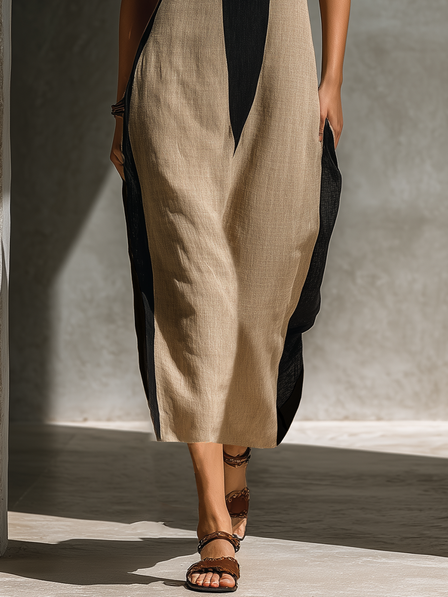 Black and Beige Midi Women's Dress with Halter Neck, Keyhole Cut and Color Application MDZ1027C7T