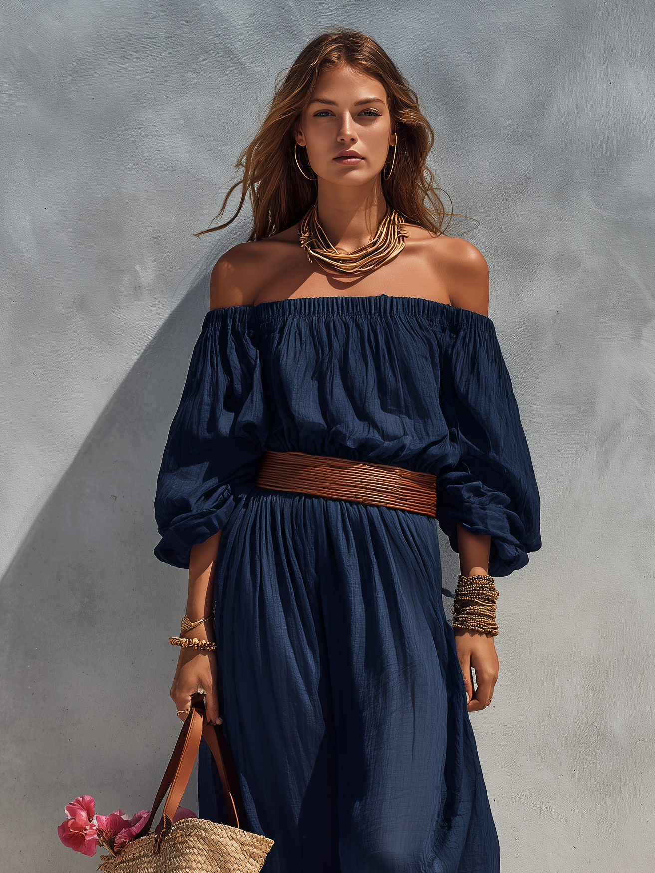 Women's Summer Dress in Dark Blue Made of Cotton and Linen, Strapless with Long Sleeves (Belt Not Included) MDZ1281C1AN