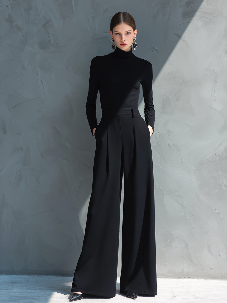 Classic Black Jersey Jumpsuit for Women with High Collar and Wide Legs - MDA2133J5I
