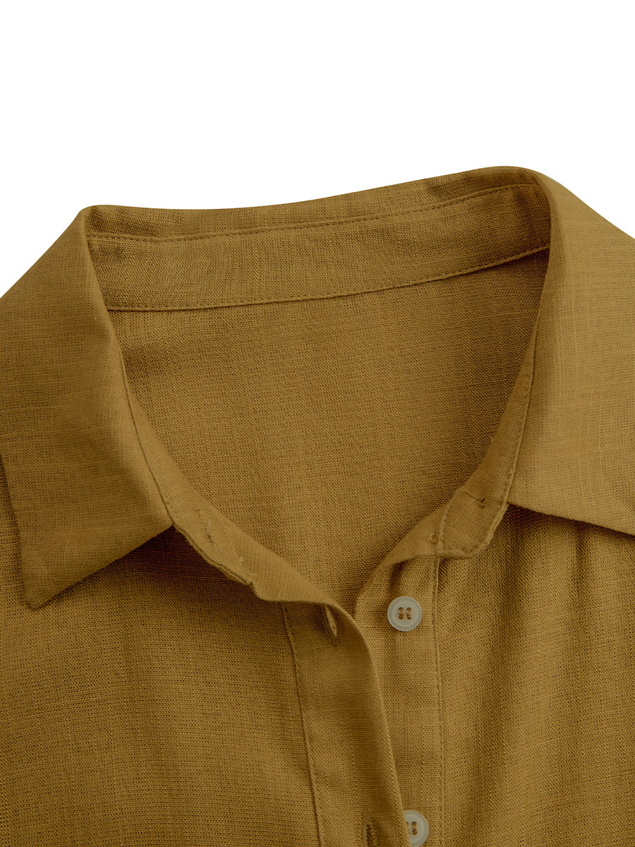 Refined Linen Blend Button Dresses for Women - Mustard Belted Mini Dress MDA1800I6I