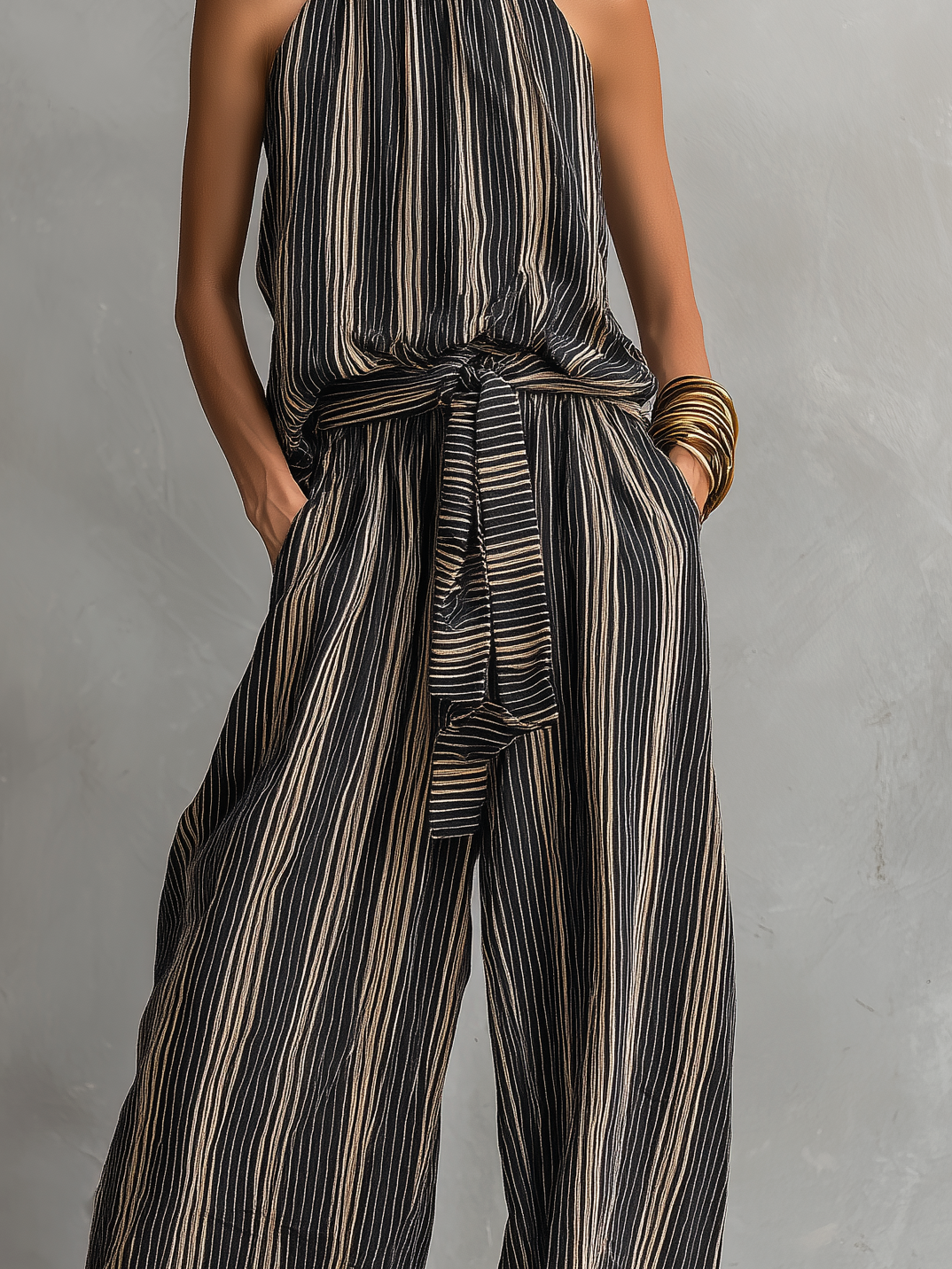 Elegant Women's Shirt with Striped Print, Round Neck, Sleeveless, Paired with Pants MDZ2706B5AN