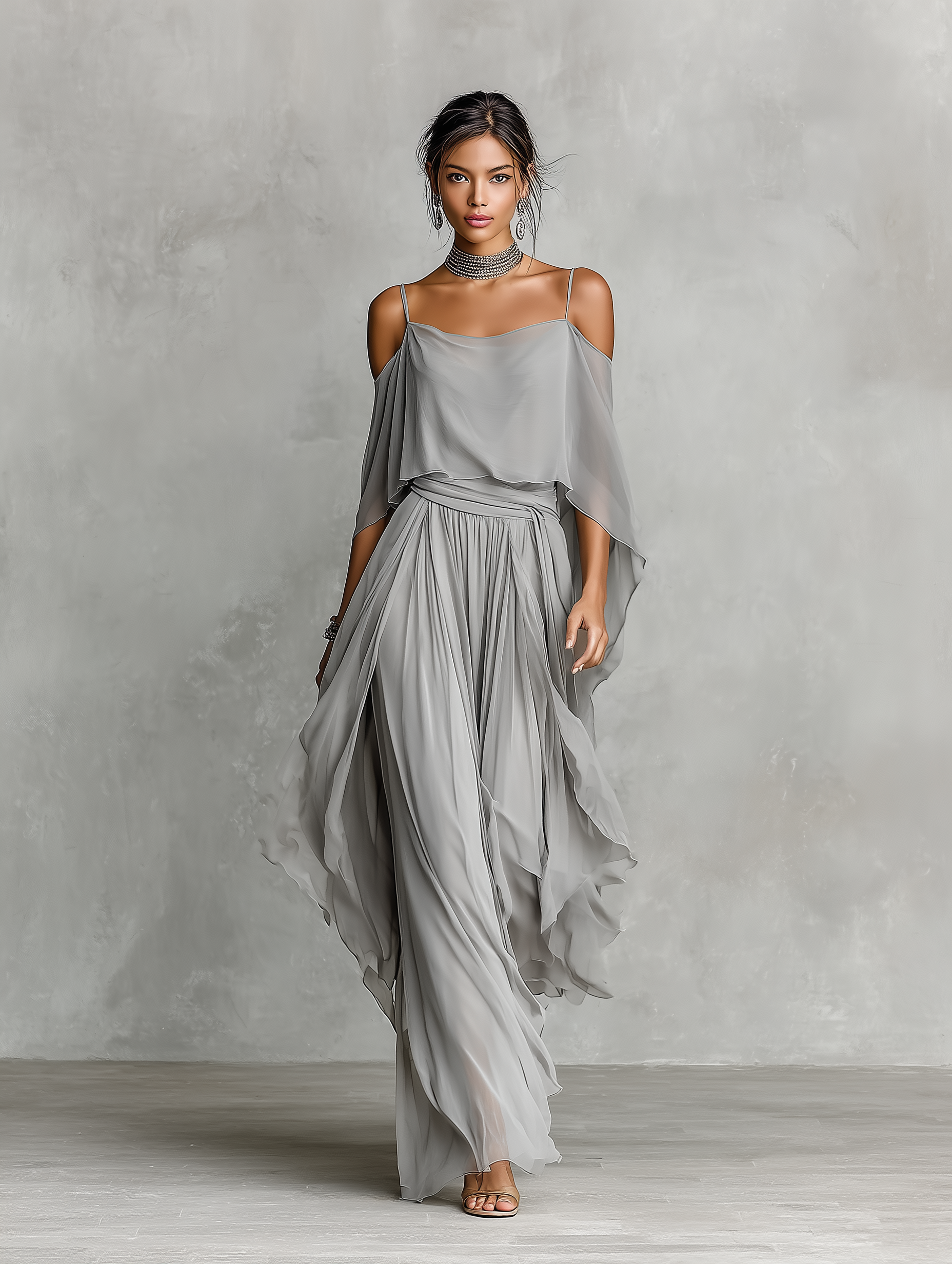 Gray chiffon set for women with cold shoulder details and an A-line silhouette, luxurious modern-feminine style MDZ2651B6I