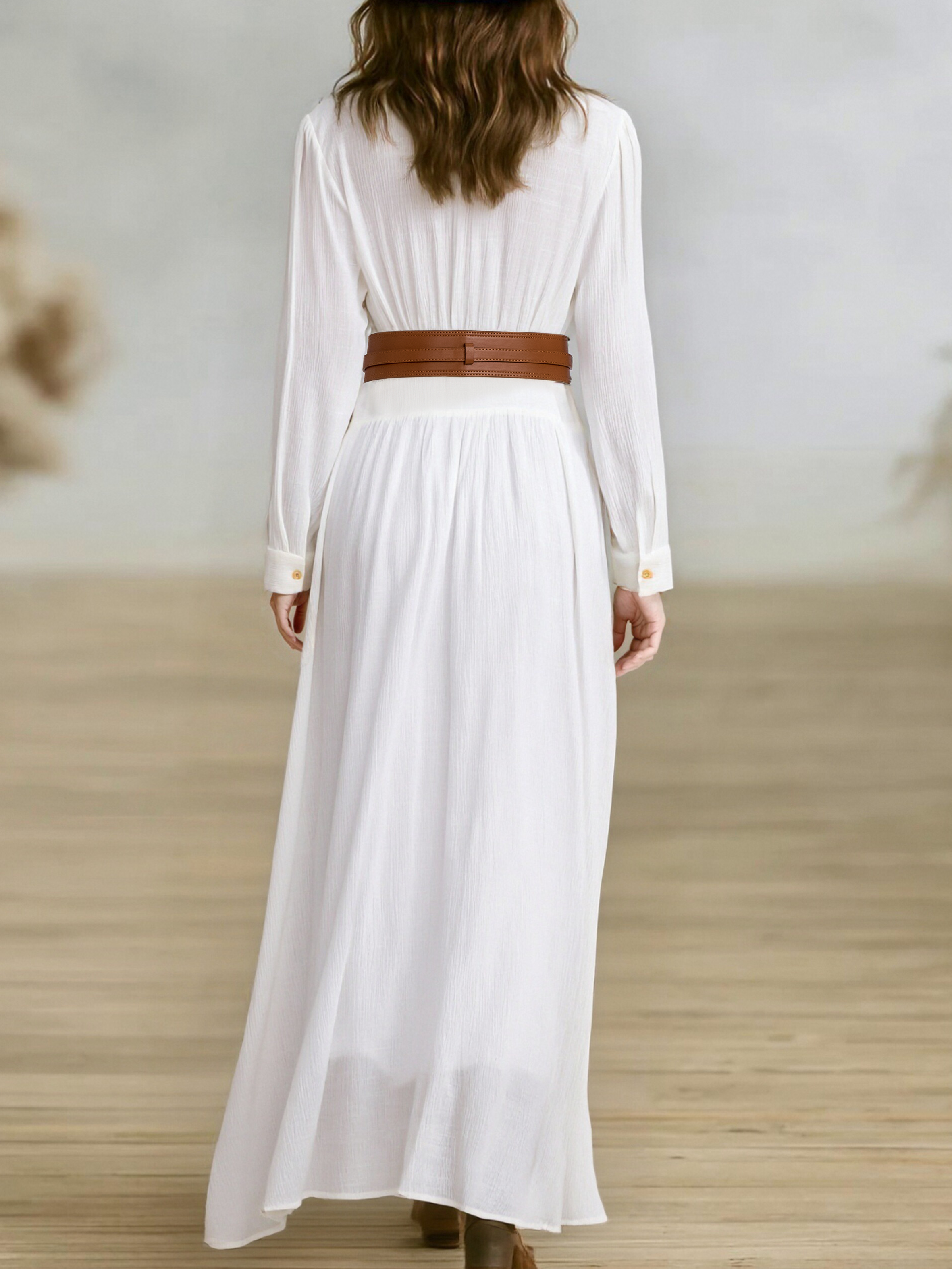 Women's Maxi Dresses in Imitation Cotton and Linen with Pockets and Long Sleeves MDA1768I7Y