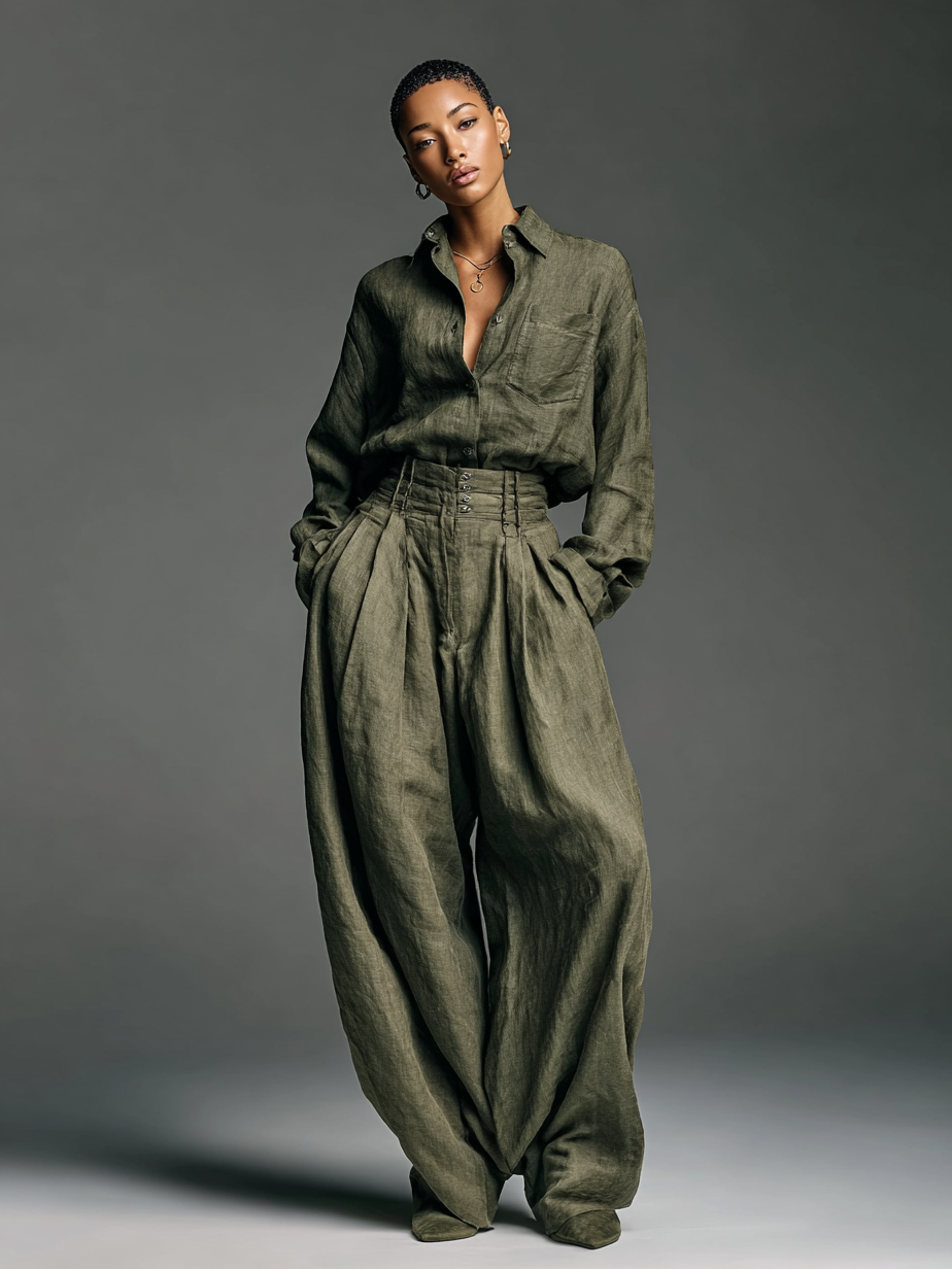 Double Set for Women Made of Cotton and Linen with Long Sleeve Shirt and Wide Pants