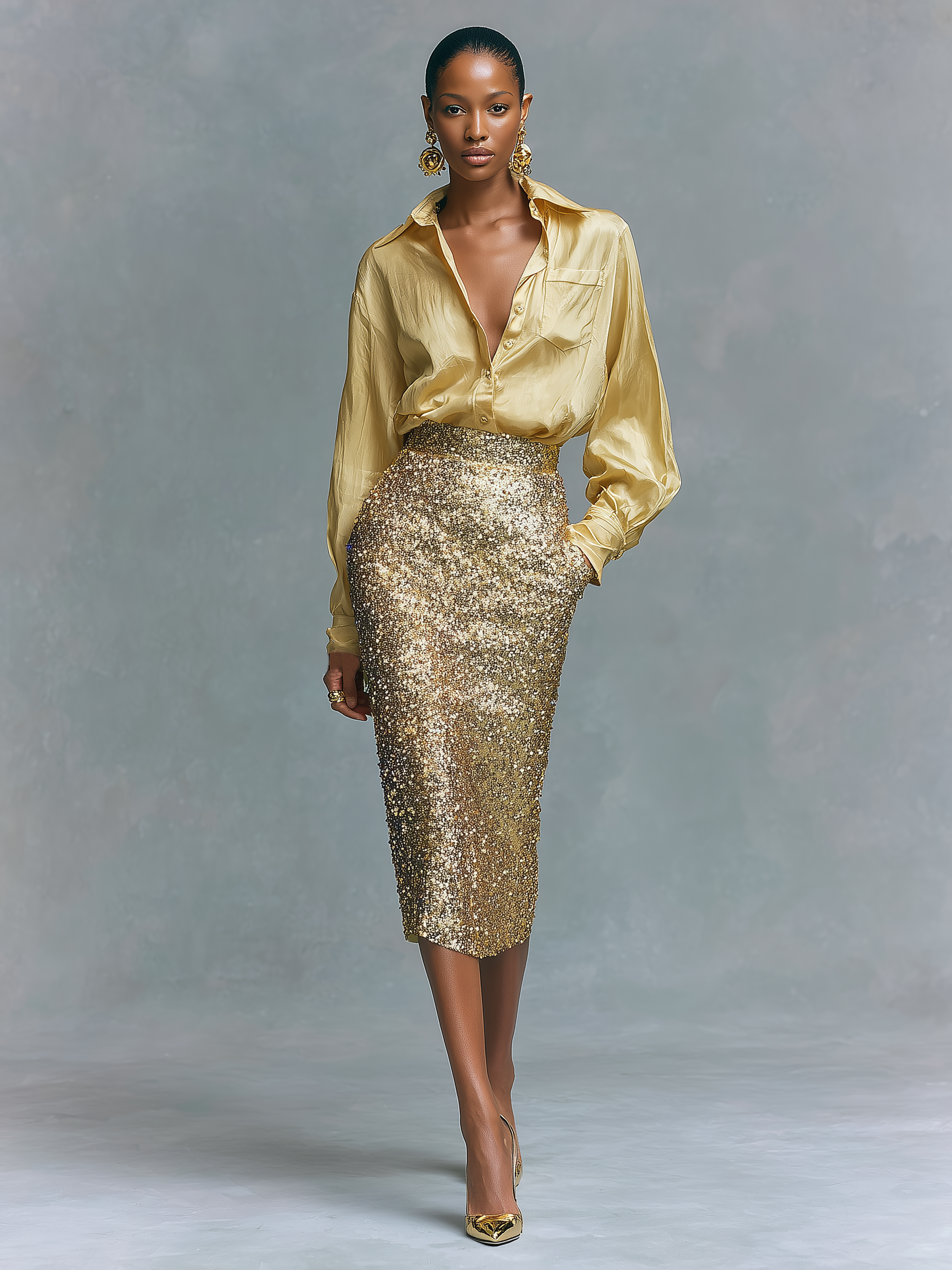 Women's Long Sleeve Top and Pencil Skirt Set with Sequins MDA2431K6Y