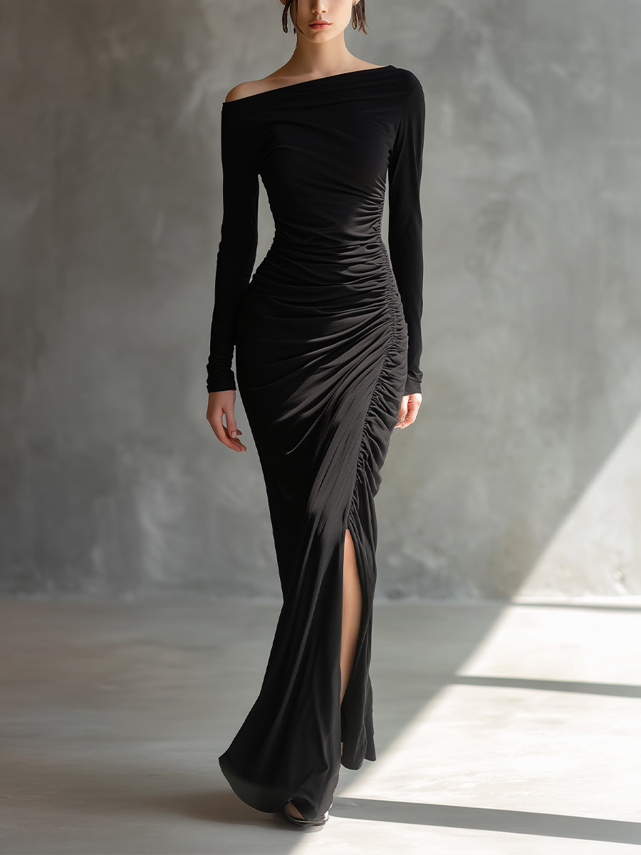 Elegant Black Maxi Dresses for Women with Exposed Shoulders and Rips MDA2125H9I